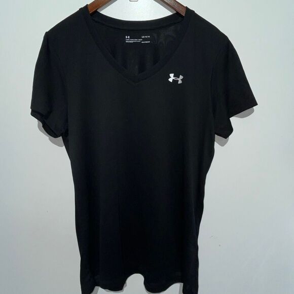 Under Armour Women's Black Loose Fit Heat Gear V-Neck Short Sleeve T-Shirt Large - Picture 2 of 8